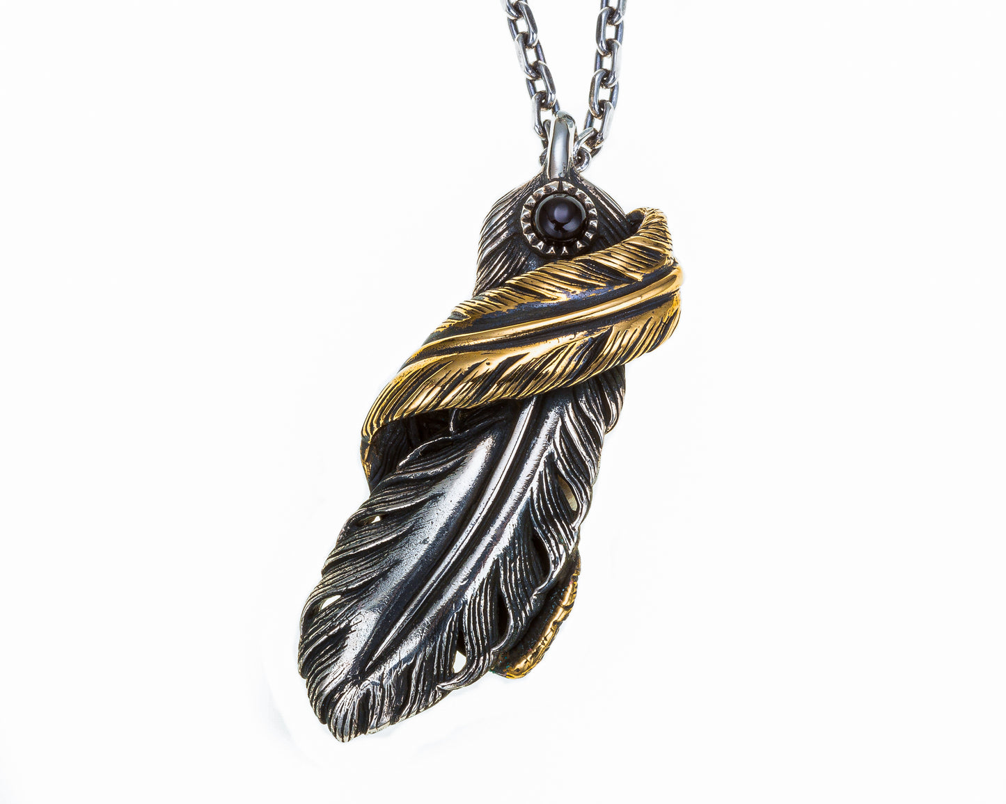 [DSTN] 925 Sterling Silver Feather Onyx Pendant Top &amp; Chain Necklace