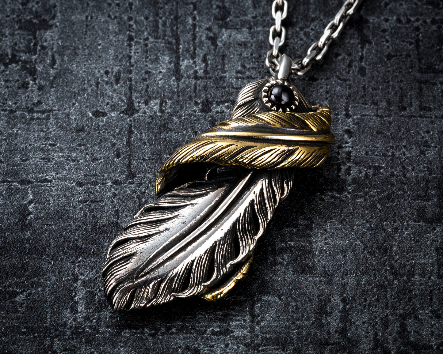 [DSTN] 925 Sterling Silver Feather Onyx Pendant Top &amp; Chain Necklace